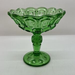Vintage Fenton LG Wright Moon and Stars Green Glass 5.75" Open Jelly Compote